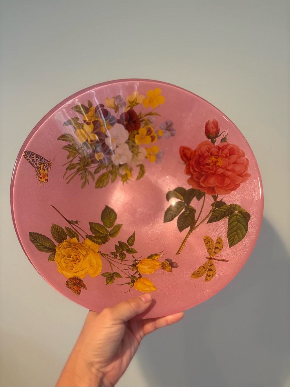 Large pink decorative bowl features botanical illustrations and butterflies 🦋
